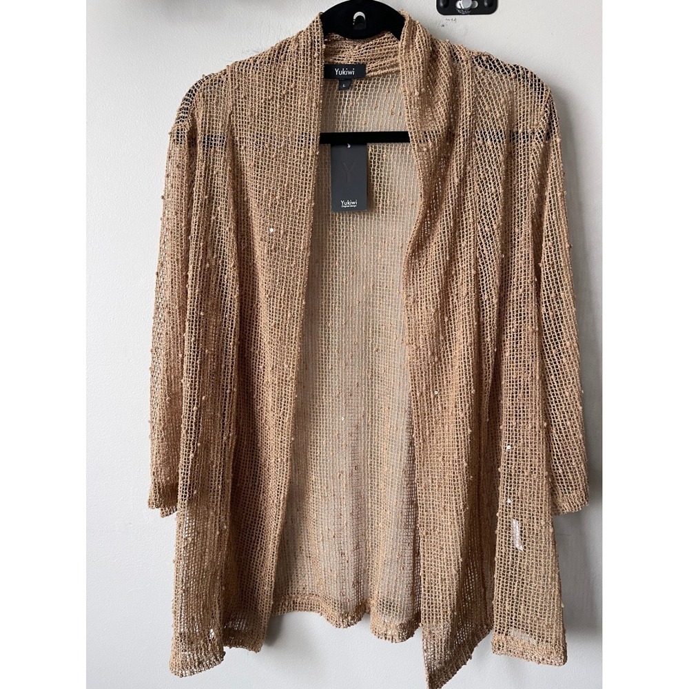 Yukiwi Womens‎ Tan Mesh Knit Sequin Open Front Cardigan Cover Up Size Large New
